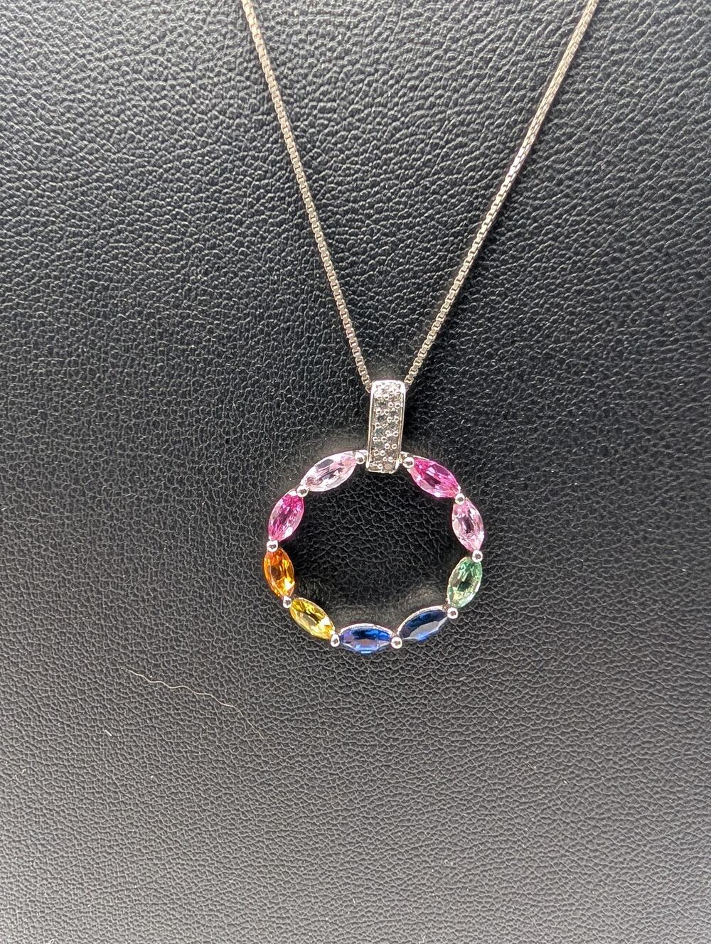 925 Sterling Silver Multi-Color Gems Circle Pendant Necklace 18"